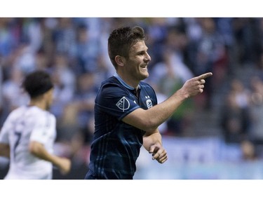 Sporting Kansas City forward Diego Rubio (9) celebrates his goal against the Vancouver Whitecaps FC during the first half of MLS soccer action in Vancouver, B.C. Wednesday, April 27, 2015.