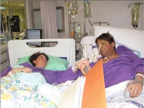 Mike Watson and his partner, Lisa Needoba, at Queen Mary Hospital in Hong Kong for a liver-transplant operation. — YouCaring website