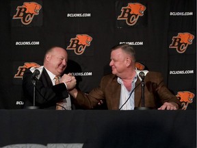 Dennis Skulsky (left) and David Braley in April 2010, when Skulsky was introduced as the B.C. Lions’ new president.