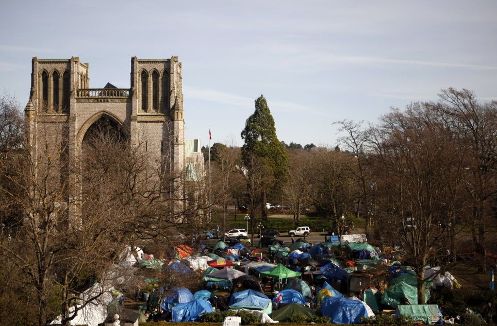 A view of the Christ Cathedral Church overlooking tent city before the block party at the camp in Victoria, B.C., Thursday, February 25, 2016.  