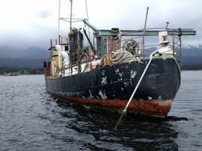 The Laurier II, with a rich and until recently noble history, floats off Vancouver Islands east coast as a decaying symbol of federal government inaction in dealing with the growing national problem of derelict vessels. [PNG Merlin Archive]