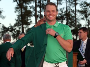 Danny Willett of England celebrates with the green jacket after winning the final round of the 2016 Masters Tournament at Augusta National Golf Club on April 10, 2016 in Augusta, Georgia.