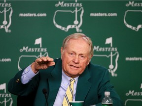 Six-times Masters champion Jack Nicklaus talks to reporters at Augusta National Golf Club on Tuesday, ahead of the Masters Tournament which starts on Thursday in Augusta, Ga.