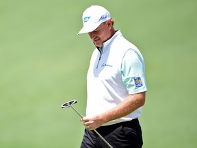Ernie Els of South Africa reacts on the second green during the first round of the 2016 Masters Tournament at Augusta National Golf Club on Thursday in Augusta, Ga.