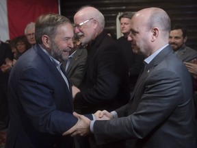Tom Mulcair shakes hands with B.C. MP Nathan Cullen after speaking to the NDP caucus during a retreat in Montebello, Que. in this file photo. Cullen is reportedly in talks with his family about whether he'll run for party leader.