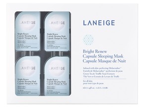 Tiny, disposable, will travel: the Bright Renew Capsule Sleeping Mask by LANEIGE is the overnight mask of choice for frequent travellers. Wake up to a brighter, more even skin tone thanks to an ingredient that reduces melanin production, the cause of dark spots and discoloration. Sephora, sephora.ca | $36