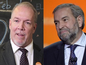 B.C. NDP leader John Horgan (left) could be in trouble if the federal party forces national NDP leader Tom Mulcair (right) into a leadership race.