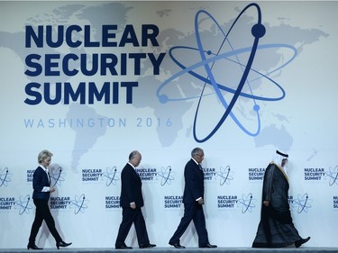 World leaders arrive to take part in the Nuclear Security Summit family photo at the Walter E. Washington Convention Center on April 1, 2016 in Washington, DC.
