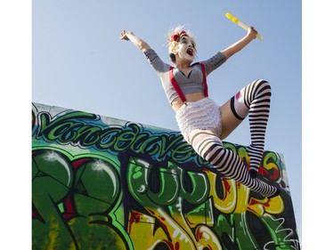 Members of the Vaudeville Vagabonds perform on stage at the annual 4:20 marijuana event at it's new location, Sunset Beach, Vancouver April 20 2016.