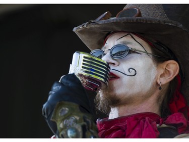 Members of the Vaudeville Vagabonds perform on stage at the annual 4:20 marijuana event at it's new location, Sunset Beach, Vancouver April 20 2016.