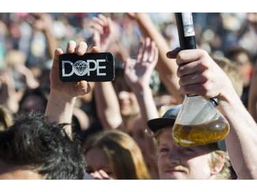 People light up at the annual 4:20 marijuana event at it's new location at Sunset Beach, Vancouver April 20 2016.