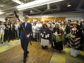 SAP CEO Bill McDermott took part in a special welcoming ceremony with Musqueam and Squamish band leaders to open the new SAP headquarters in Vancouver's Yaletown on April 11, 2016. Here McDermott is presented with a tradional "talking stick". The colourful new office has several West Coast local themes throughout the building with many perks for local staff.