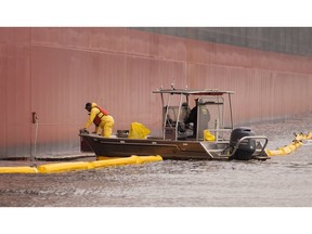 A Federal Court judge has rejected an application for judicial review filed by a Greece-based company facing charges in a 2015 fuel spill in Vancouver's English Bay, saying it must make its case in British Columbia Supreme Court. Undated photos of WCMRC crews replacing oiled boom around the MV Marathassa with clean (yellow) containment boom.