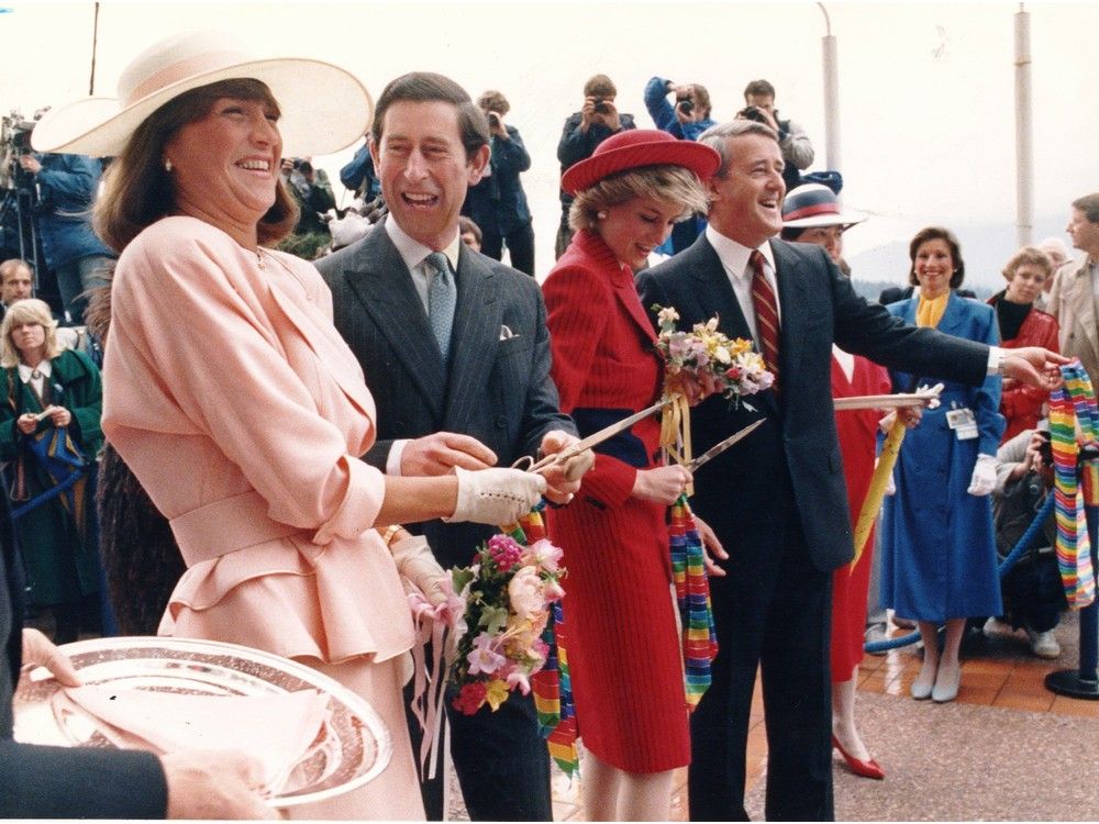 Ribbon cutting at Canada Place with Mila and Brian Mulroney helping Princess of Wales and Prince Charles. 