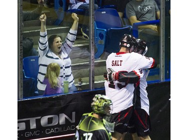 Vancouver Stealth  Justin Salt and Corey Small celebrate a goal vs Saskatchewan in National Lacrosse League action at the Langley Event Centre in Langley, BC. April 23, 2016.
