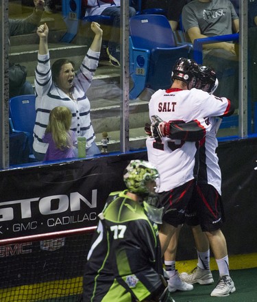 Vancouver Stealth  Justin Salt and Corey Small celebrate a goal vs Saskatchewan in National Lacrosse League action at the Langley Event Centre in Langley, BC. April 23, 2016.