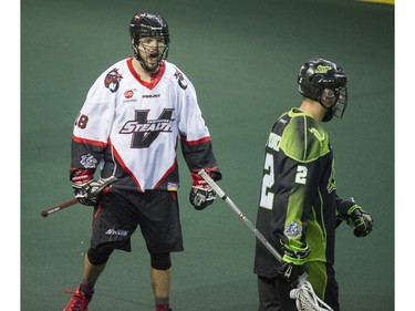 Vancouver Stealth Logan Schuss  celebrates a goal vs Saskatchewan Rush in National Lacrosse League action at the Langley Event Centre in Langley, BC. April 23, 2016.