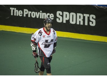 Vancouver Stealth Logan Schuss  celebrates a goal vs Saskatchewan Rush in National Lacrosse League action at the Langley Event Centre in Langley, BC. April 23, 2016.