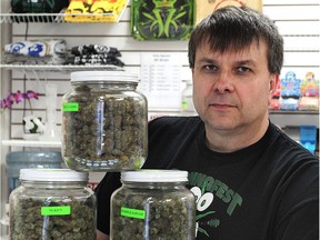 Chuck Varabioff, who intends to defy a City of Vancouver order to close his pot shop by Saturday, at his shop, The BC Pain Society Pot Shop. He says he will give the city post dated cheques to pay his fines for remaining open.