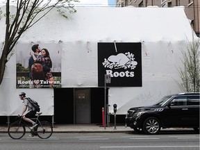 Signage indicating the start of Roots loves Taiwan campaign to celebrate the brand's unexpected success in the Asian market, in Vancouver, BC., April 4, 2016.