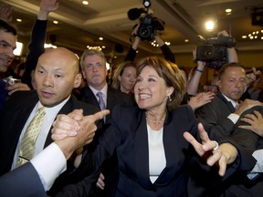 BC Liberal Leader Christy Clark greets supporters at the party headquarters in Vancouver on election night in 2013.