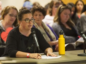 Jen Stewart of the Families Against Cuts to Public Education presents at the Committee of the Whole Meeting at the Vancouver School Board in Vancouver, April 14, 2016.