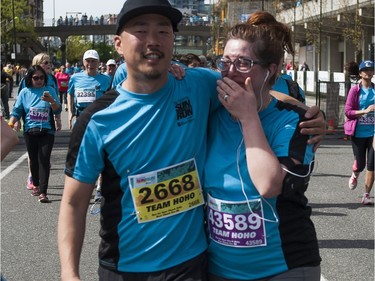 VANCOUVER,BC:APRIL 17, 2016 -- A runners biomes emotional after crossing the finish line of the 2016 Vancouver Sun Run in Vancouver, BC, April, 17, 2016. (Richard Lam/PNG) (For ) 00042786A [PNG Merlin Archive]
