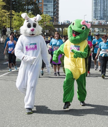 Runners dressed in a hare and turtle costume runs in the 2016 Vancouver Sun Run.