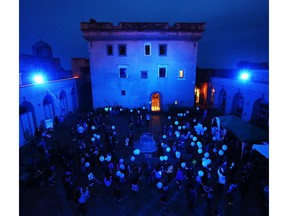 Forte Sangallo in Italy is lit up in blue, during the World Landmarks Light It Up Blue for World Autism Awareness Day on April 2.