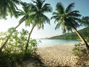 Sunset on the beach Takamaka, Mahe island, Seychelles. Getty Images