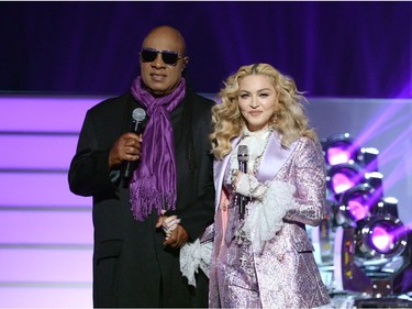 LAS VEGAS, NV - MAY 22: Recording artists Stevie Wonder (L) and Madonna perform a tribute to Prince onstage during the 2016 Billboard Music Awards at T-Mobile Arena on May 22, 2016 in Las Vegas, Nevada.