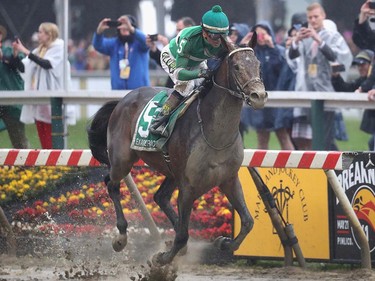 Exaggerator ridden by Kent Desormeaux leads the field to win the 141st running of the Preakness Stakes at Pimlico Race Course on May 21, 2016 in Baltimore, Maryland.