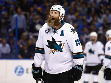 ST LOUIS, MO - MAY 23:  Joe Thornton #19 of the San Jose Sharks reacts during the second period against the St. Louis Blues in Game Five of the Western Conference Final during the 2016 NHL Stanley Cup Playoffs at Scottrade Center on May 23, 2016 in St Louis, Missouri.  (Photo by Jamie Squire/Getty Images) ORG XMIT: 639706747
