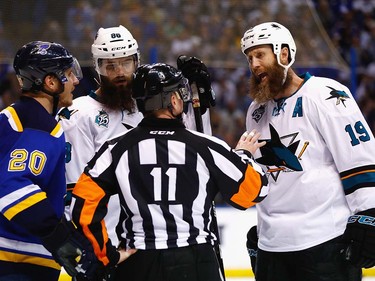 ST LOUIS, MO - MAY 23:  Alexander Steen #20 of the St. Louis Blues, Brent Burns #88 of the San Jose Sharks, and Joe Thornton #19 argue with a referee during the second period in Game Five of the Western Conference Final during the 2016 NHL Stanley Cup Playoffs at Scottrade Center on May 23, 2016 in St Louis, Missouri.  (Photo by Jamie Squire/Getty Images) ORG XMIT: 639706747