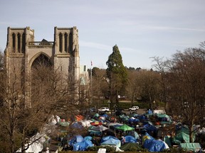A view of the Christ Cathedral Church overlooking tent city before the block party at the camp in Victoria, B.C., Thursday, February 25, 2016.
