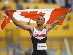 Canada’s Andre De Grasse, shown celebrating after his gold-medal triumph in the men's 100-metres final at the 2015 Pan Am Games in Toronto, will be coming to metro Vancouver for the Harry Jerome International Track Classic on June 17.