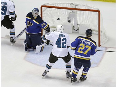 San Jose Sharks right wing Joel Ward (42)  gets the puck past St. Louis Blues goalie Jake Allen (34) for a score during the second period in Game 5 of the NHL hockey Stanley Cup Western Conference finals, Monday, May 23, 2016, in St. Louis. (AP Photo/Jeff Roberson)  ORG XMIT: MOJR122