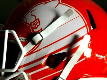 Detail of the new B.C. Lions helmet for road games in 2016, as part of a league-wide revamp of team uniforms revealed on Thursday.