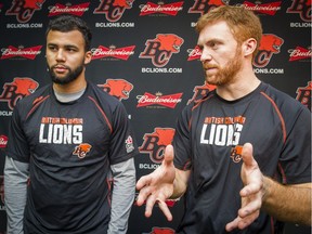 Though he's the one with the big contract and background, B.C. Lions quarterback Travis Lulay, right, knows his primary role this season is to help Jonathan Jennings evolve as the presumptive starter.