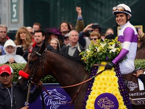 Mario Gutierrez smiles after winning the Breeders' Cup Juvenile atop Nyquist in 2015 Lexington, Ky.