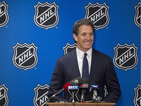 Toronto Maple Leafs president Brendan Shanahan speaks to the media after winning the first selection of the 2016 NHL draft lottery in Toronto on Saturday. The Toronto Maple Leafs will pick first at the NHL draft for the first time in more than 30 years.