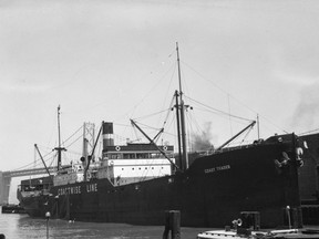 Built in 1920, the Coast Trader is pictured in San Francisco in 1937; it became the second merchant ship to be sunk off the continental coast when a Japanese submarine, I-26, torpedoed it between B.C. and Washington. Researchers now say the ship is in Canadian waters. [San Francisco Maritime Research Center.]