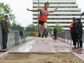 New Westminster secondary school Hyacks Nina Schultz competing in the long jump at Swangard stadium in Burnaby on Wednesday.