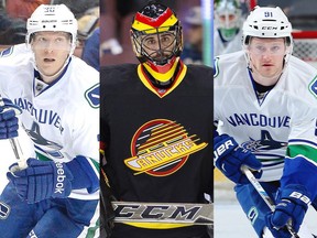 Vancouver Canucks who are on the potential trade block include Jannik Hansen, left, goalie Ryan Miller and youngster Jared McCann.