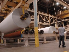 Huge rolls of paper are moved on a crane at a Catalyst plant.