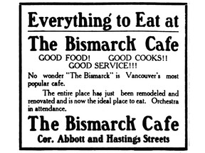 1908 ad in the Vancouver World for the Bismarck Cafe, one of early Vancouver's top restaurants.