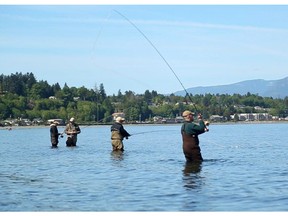 A group of fly fishermen test their rods at Qualicum Beach.