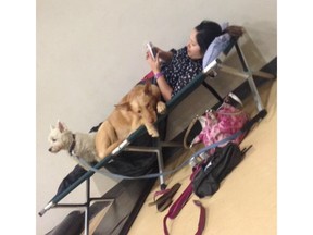 Former Kelowna resident who lives in Fort McMurray, Alta., Holly Hashimi resting on a cot with her dogs at an evacuation centre in Albion, Alta. Hashimi and her husband had to evacuate their home in the Abasand neighbourhood, which they believe has burned down.