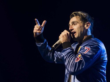 Lead singer Jacob Hoggard for  the pop rock band Hedley sings in concert at Rogers Arena , May 20 2016.