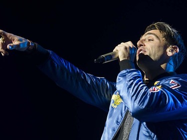 Lead singer Jacob Hoggard for  the pop rock band Hedley sings in concert at Rogers Arena , May 20 2016.